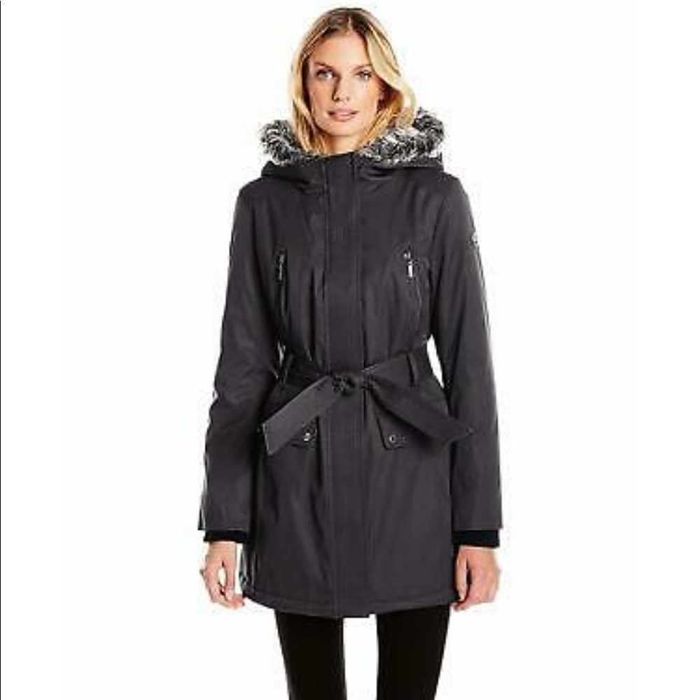 Kensie Belted Faux Fur Winter Coat